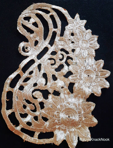 Antique Gold / Bronze Tone Crochet Thread Fabric Applique, Flower Applique - 200317A84